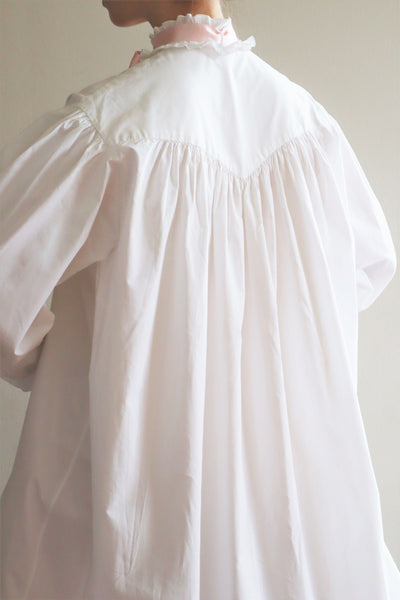 19th Victorian Standing Collar Frilled Tuck Design Hand-Sewn Fine White Cotton Long Dress