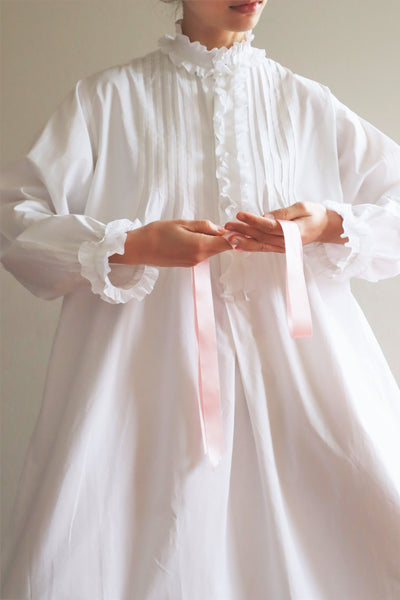 19th Victorian Standing Collar Frilled Tuck Design Hand-Sewn Fine White Cotton Long Dress