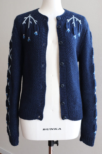 Austrian Hand knit Cardigan Embroidered Dark Indigo Blue