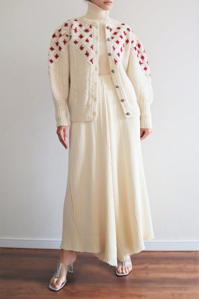 80s Embroidered Red Flowers Austrian Hand Knit Pure Wool Cardigan