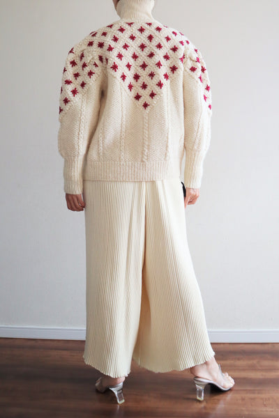 80s Embroidered Red Flowers Austrian Hand Knit Pure Wool Cardigan