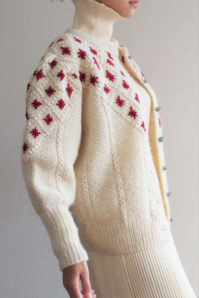80s Embroidered Red Flowers Austrian Hand Knit Pure Wool Cardigan