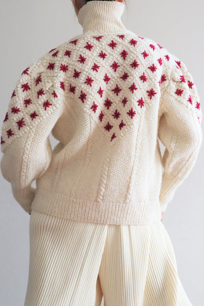 80s Embroidered Red Flowers Austrian Hand Knit Pure Wool Cardigan