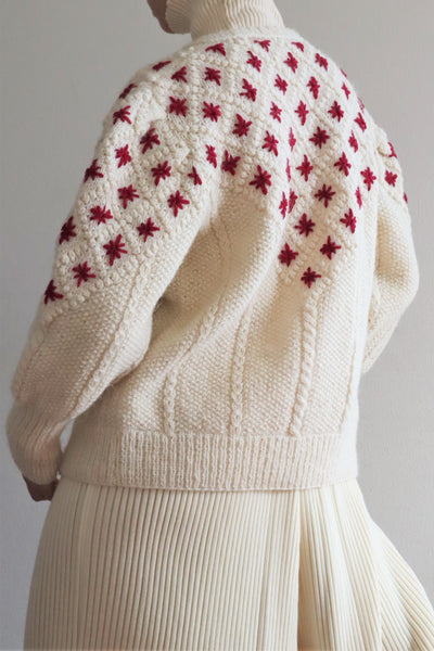 80s Embroidered Red Flowers Austrian Hand Knit Pure Wool Cardigan