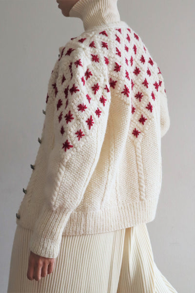 80s Embroidered Red Flowers Austrian Hand Knit Pure Wool Cardigan