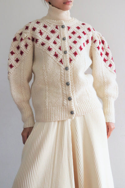 80s Embroidered Red Flowers Austrian Hand Knit Pure Wool Cardigan