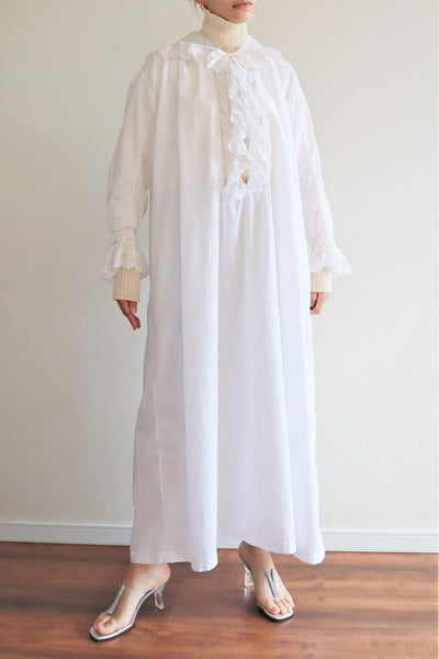 1900s French Sailor Collar White Cotton Long Dress