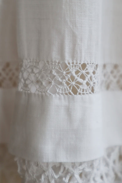 1900s Clover Design Lace White Linen Gauze Church Smock Long Dress