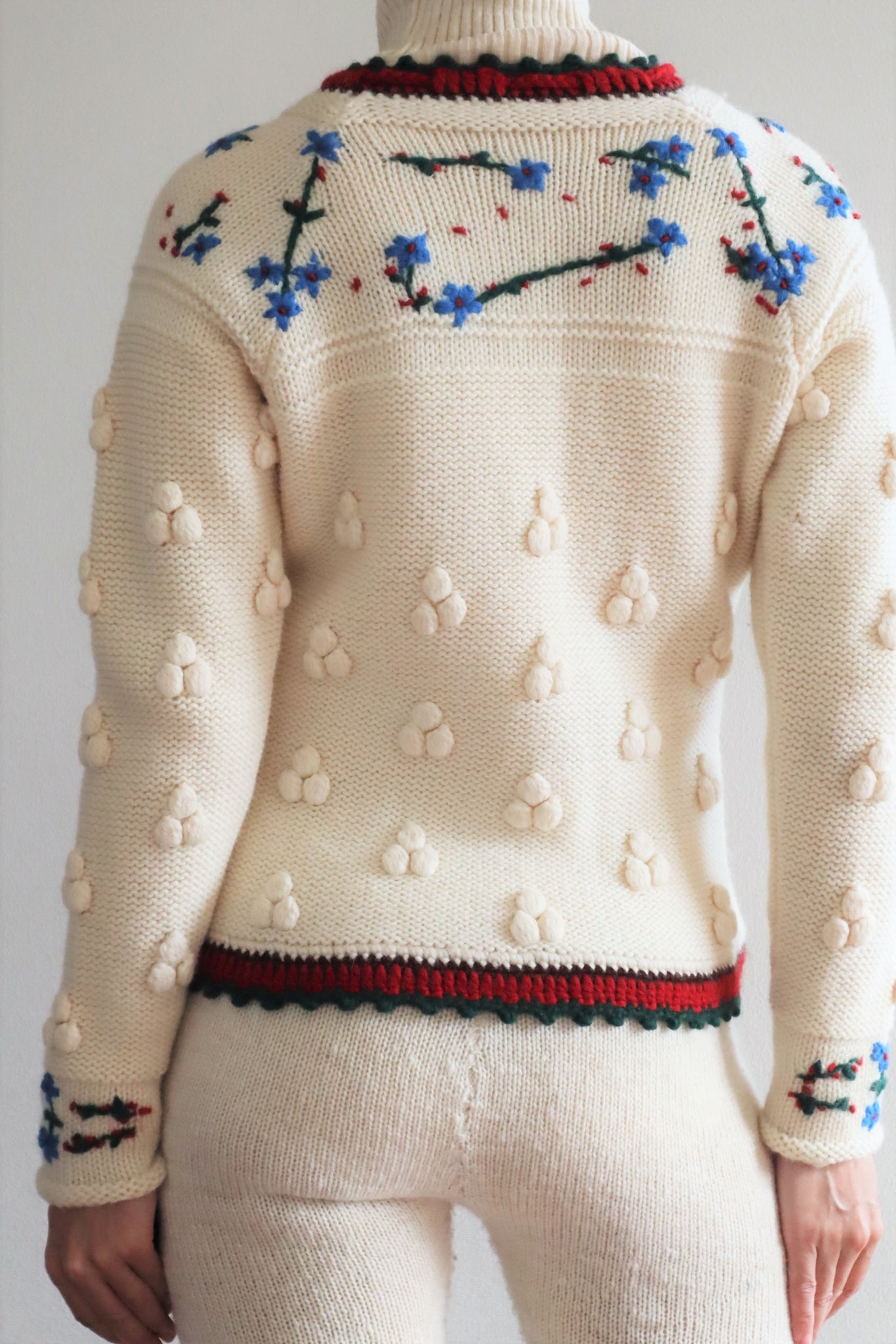 70s Blue Small Flower Embroidery Hand Knit Austrian Cardigan
