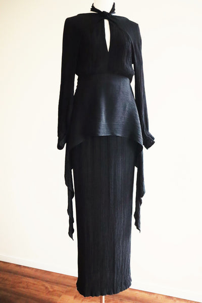 70s Black Pleated Textured Dress