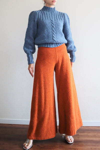 80s Hand Knit Pure Wool Blue Puff Sleeve Sweater