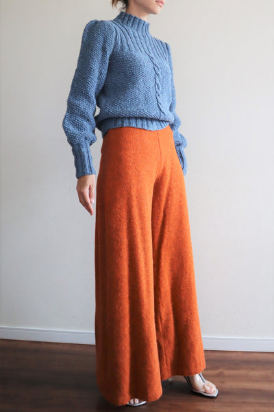 80s Hand Knit Pure Wool Blue Puff Sleeve Sweater