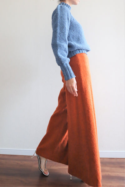 80s Hand Knit Pure Wool Blue Puff Sleeve Sweater