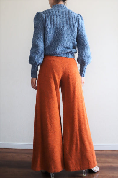 80s Hand Knit Pure Wool Blue Puff Sleeve Sweater