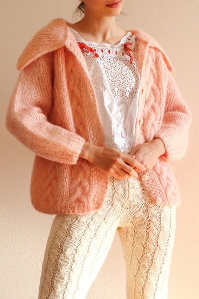 60s FAMELIA Hand Knit Pink Mohair Cardigan