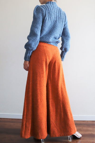 80s Hand Knit Pure Wool Blue Puff Sleeve Sweater