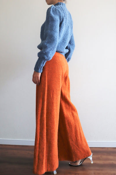 80s Hand Knit Pure Wool Blue Puff Sleeve Sweater