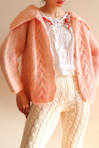 60s FAMELIA Hand Knit Pink Mohair Cardigan