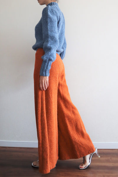 80s Hand Knit Pure Wool Blue Puff Sleeve Sweater