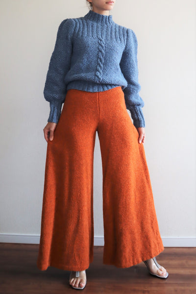 80s Hand Knit Pure Wool Blue Puff Sleeve Sweater