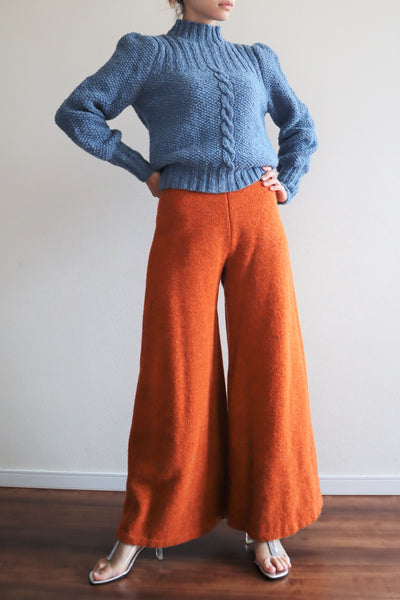 80s Hand Knit Pure Wool Blue Puff Sleeve Sweater