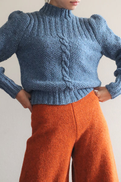 80s Hand Knit Pure Wool Blue Puff Sleeve Sweater