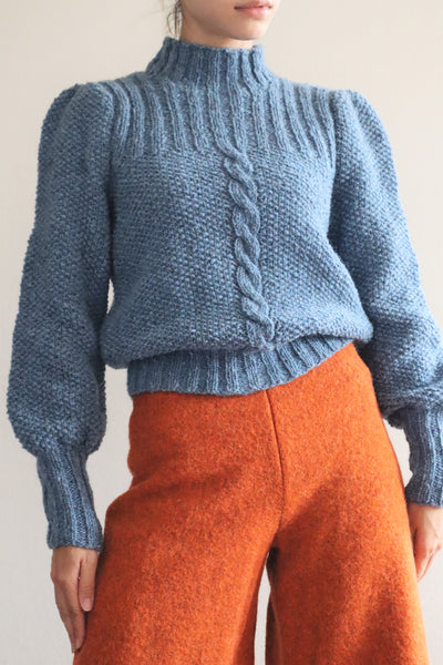 80s Hand Knit Pure Wool Blue Puff Sleeve Sweater