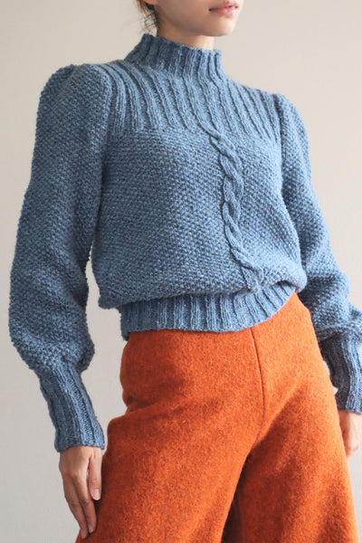 80s Hand Knit Pure Wool Blue Puff Sleeve Sweater