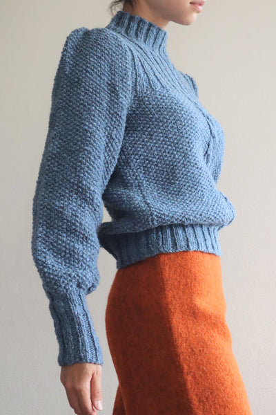 80s Hand Knit Pure Wool Blue Puff Sleeve Sweater