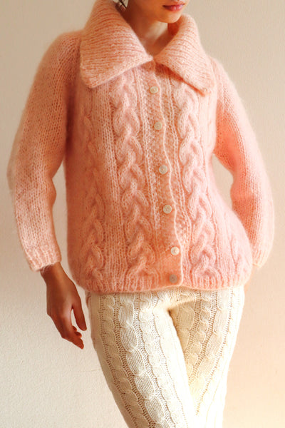 60s FAMELIA Hand Knit Pink Mohair Cardigan