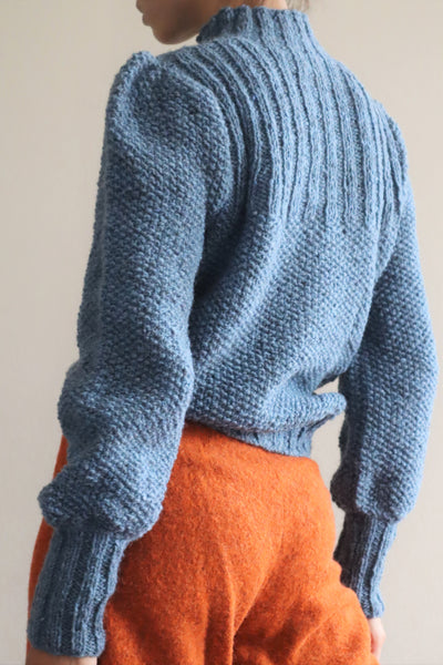 80s Hand Knit Pure Wool Blue Puff Sleeve Sweater