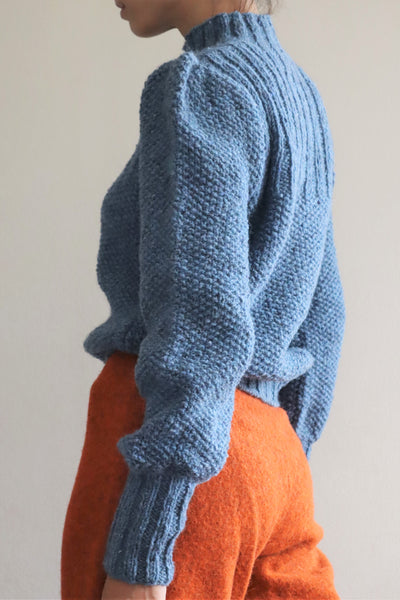 80s Hand Knit Pure Wool Blue Puff Sleeve Sweater