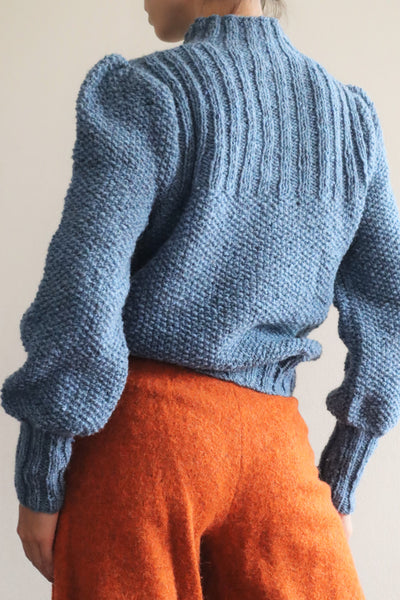 80s Hand Knit Pure Wool Blue Puff Sleeve Sweater