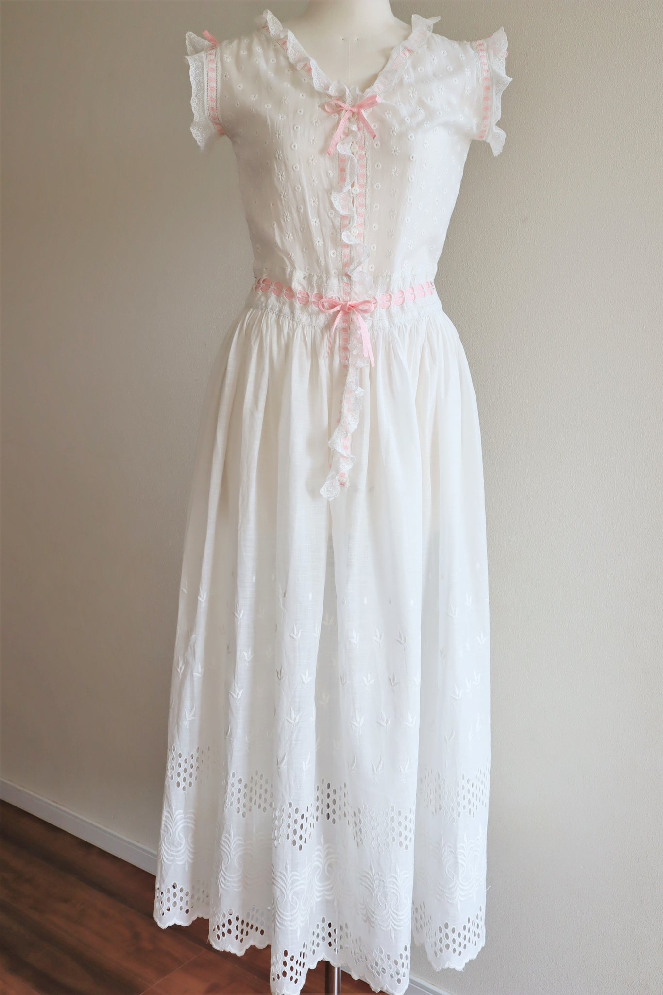 1910s Embroidered Broderie Anglaise With Pink Ribbon Dress