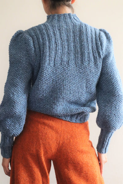 80s Hand Knit Pure Wool Blue Puff Sleeve Sweater