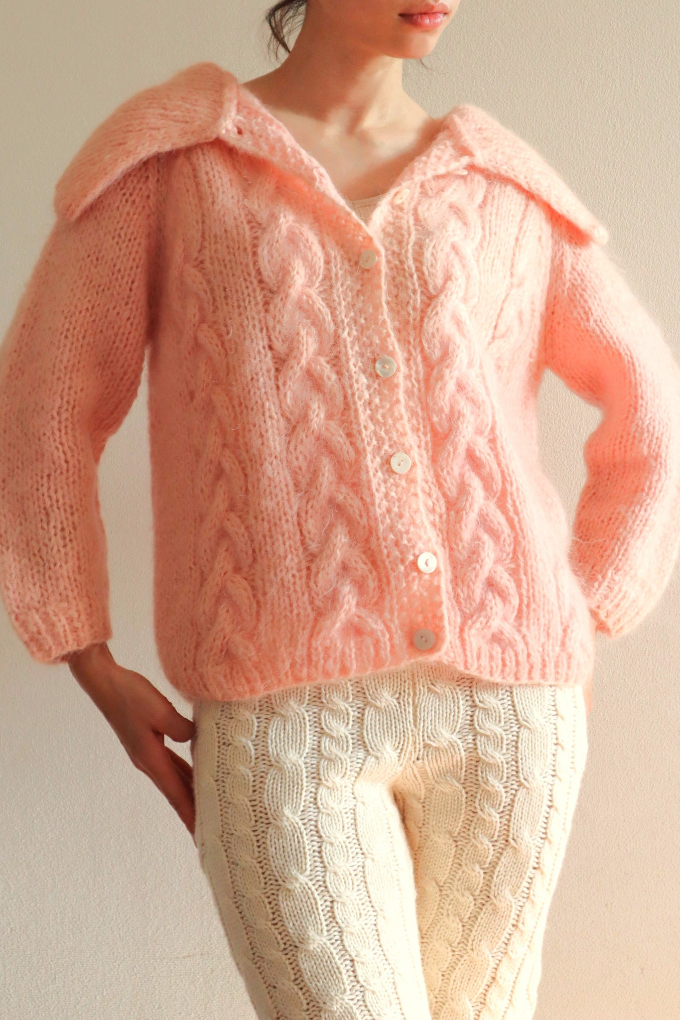 60s FAMELIA Hand Knit Pink Mohair Cardigan