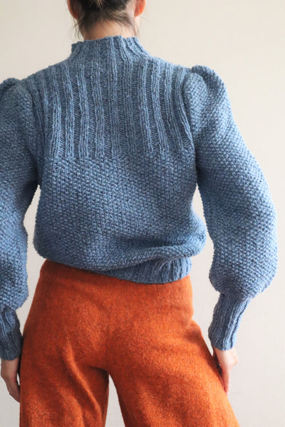 80s Hand Knit Pure Wool Blue Puff Sleeve Sweater