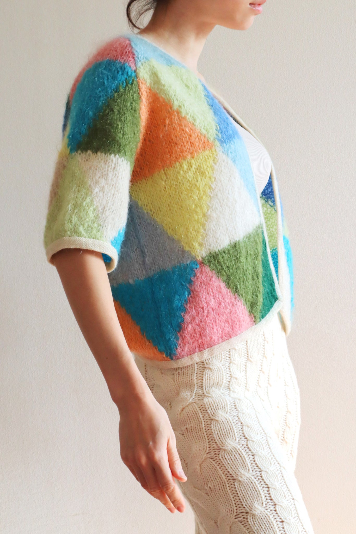60s Fluffy Mohair Rainbow Geometric Cardigan