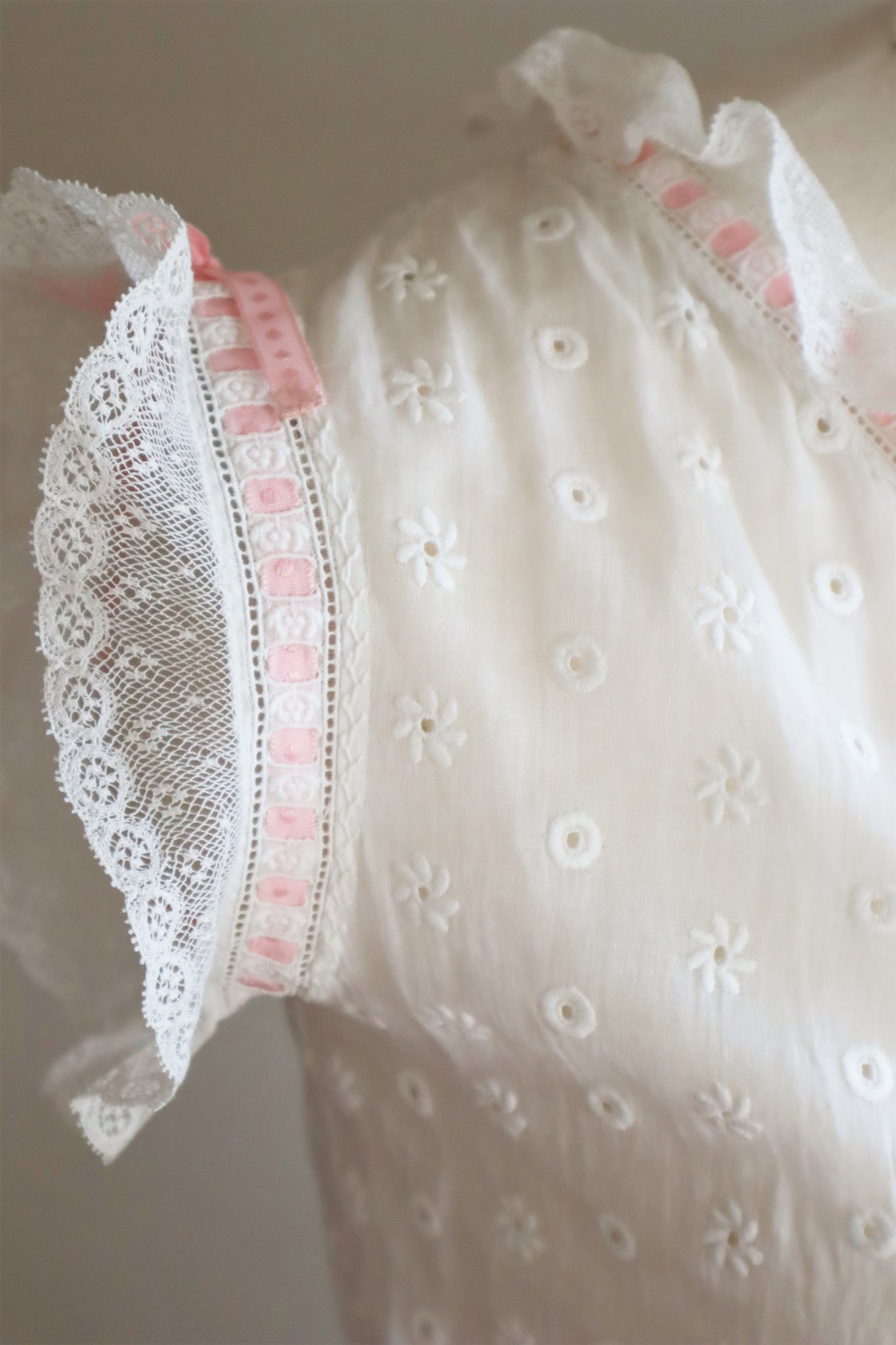 1910s Embroidered Broderie Anglaise With Pink Ribbon Dress