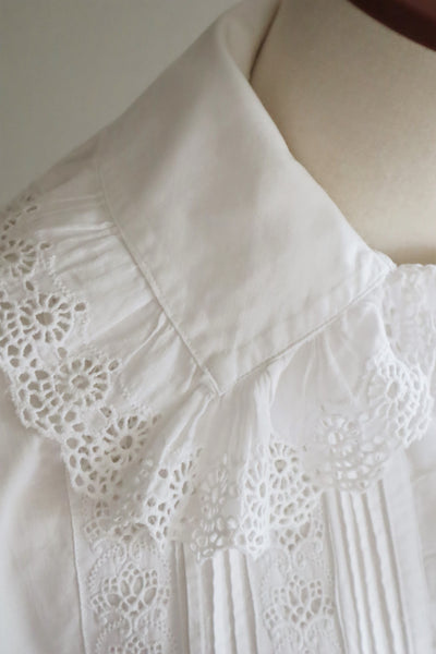 19th Victorian Broderie Anglais Trim Big Collar Off White Cotton Long Dress