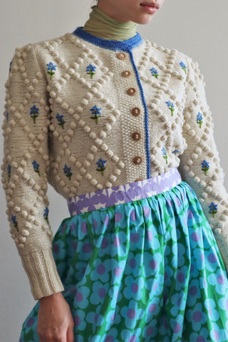 70s Austrian Hand Knit Cardigan Blue Flower Embroidered