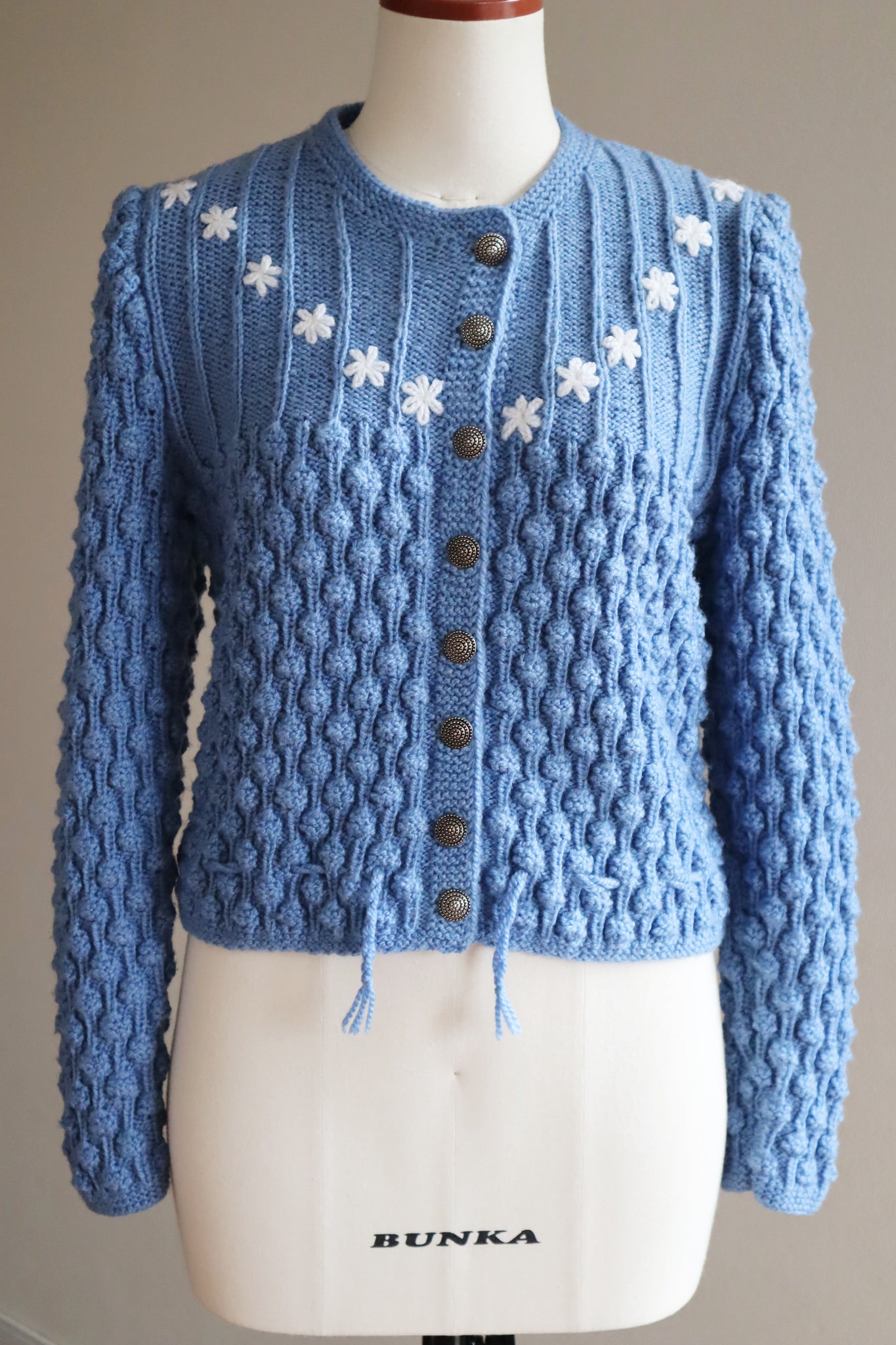 80s Austrian Hand Knit Pail Blue Cardigan White Flower Embroidered