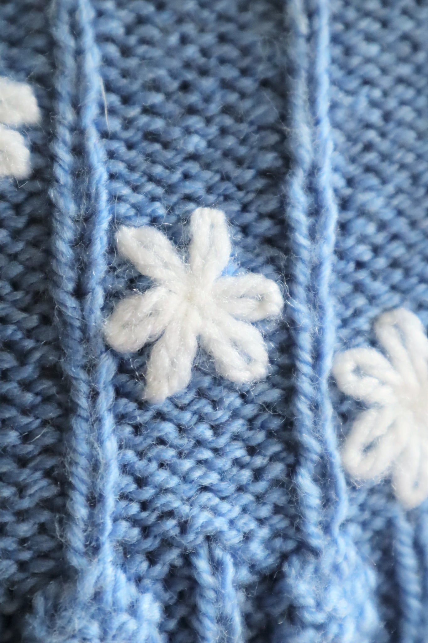 80s Austrian Hand Knit Pail Blue Cardigan White Flower Embroidered