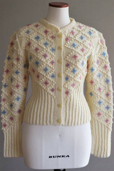 70s Austrian Hand knit Cream Wool Cardigan Embroidered Pink Pale Blue