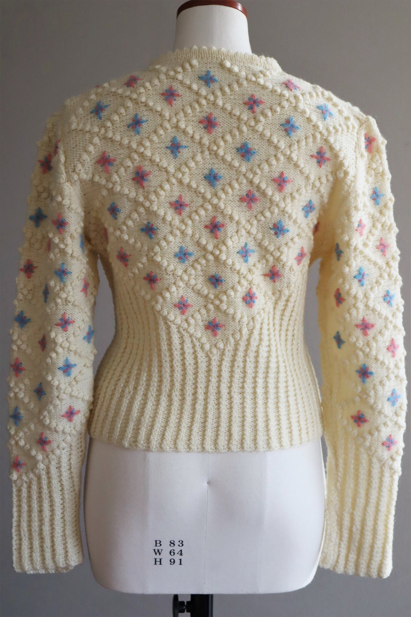 70s Austrian Hand knit Cream Wool Cardigan Embroidered Pink Pale Blue