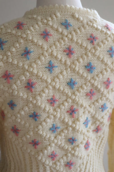 70s Austrian Hand knit Cream Wool Cardigan Embroidered Pink Pale Blue