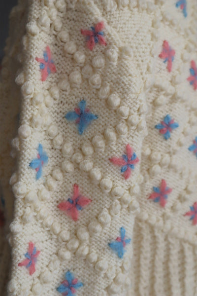 70s Austrian Hand knit Cream Wool Cardigan Embroidered Pink Pale Blue