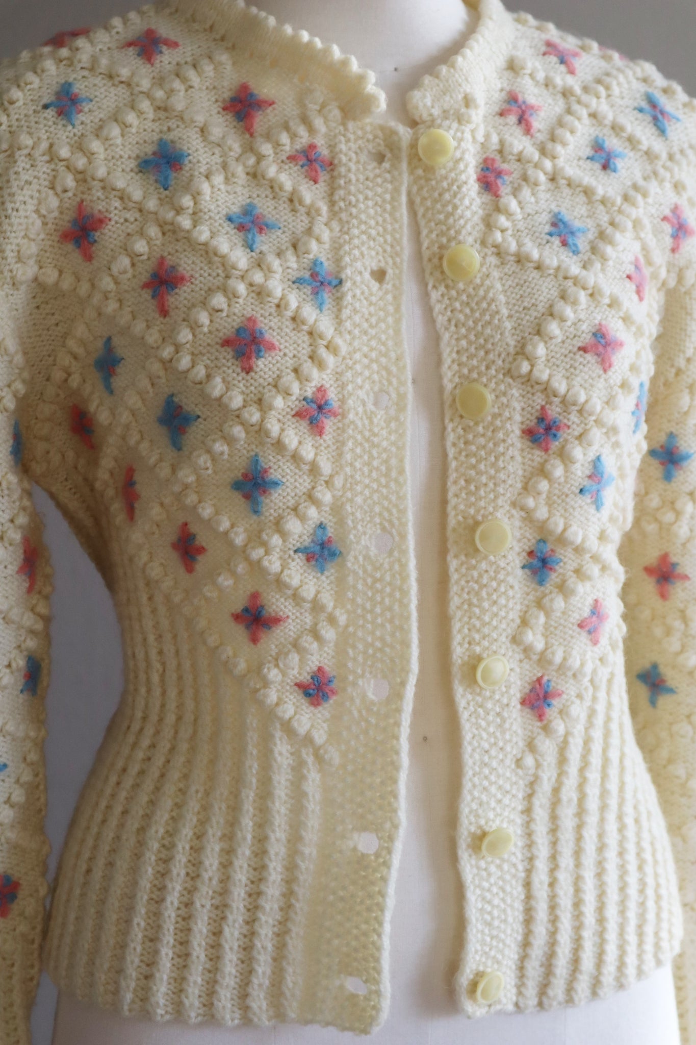 70s Austrian Hand knit Cream Wool Cardigan Embroidered Pink Pale Blue