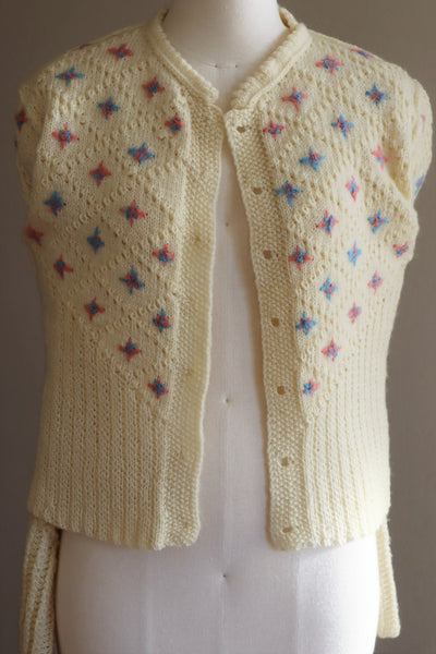 70s Austrian Hand knit Cream Wool Cardigan Embroidered Pink Pale Blue