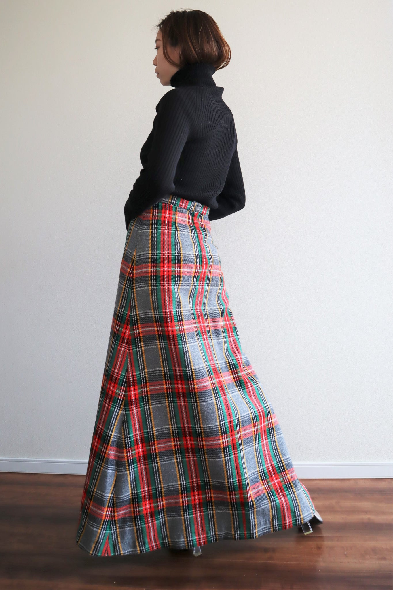 70s Gray Red Green Plaid Maxi Skirt